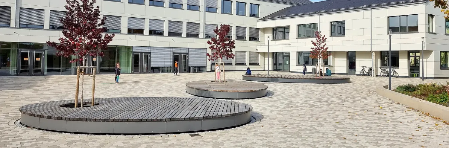 Große ovale Sitzpodeste aus Holz auf einem Schulhof